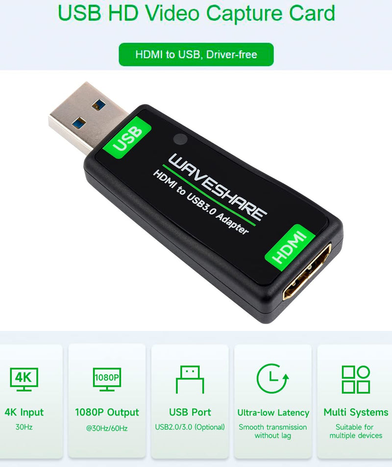  [AUSTRALIA] - waveshare HDMI Video Capture Card, HDMI to USB Converter Adapter, Driver-Free, 4K Input HD1080P USB3.0 (1920 * 1080@60Hz) Output for Gaming/Live Streaming/Cameras, Support Windows, Linux, Android HDMI to USB3.0