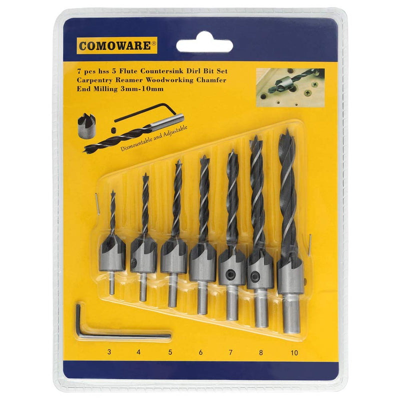  [AUSTRALIA] - COMOWARE Countersink Drill Bits Set- 7Pcs Counter Sink Bit for Wood High Speed Steel, Woodworking Carpentry Reamer with 1 Free Hex Key Wrench 8 Pcs