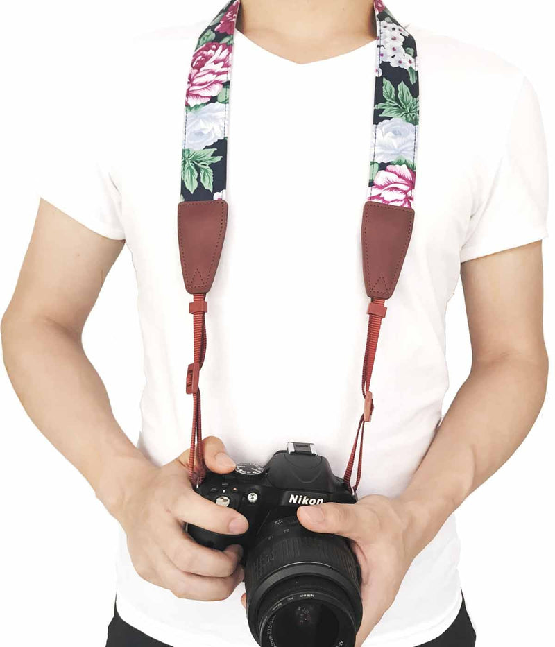  [AUSTRALIA] - Camera Strap Neck, Adjustable Vintage Floral Camera Straps Shoulder Belt for Women /Men,Camera Strap for Nikon / Canon / Sony / Olympus / Samsung / Pentax ETC DSLR / SLR Leather Blue Print White Flower
