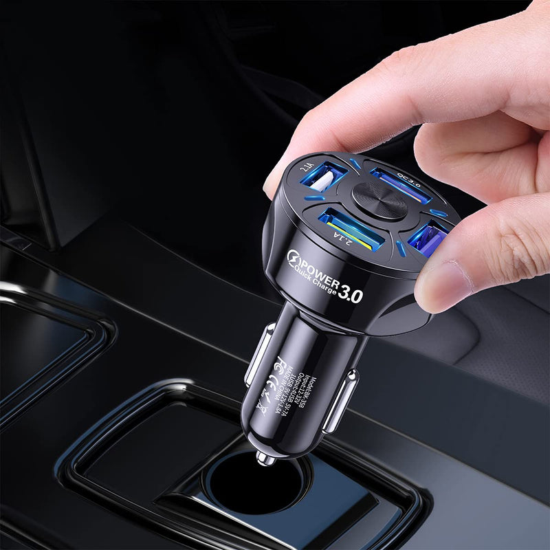  [AUSTRALIA] - Car Charger Adapter, 4 Ports USB Fast Car Charger QC3.0, Quick Car Phone Charger with LED Light Display, Compatible with iPhone 12 Pro Max/11 Pro/XS/XR, Galaxy S20 Ultra and More (Black) Black