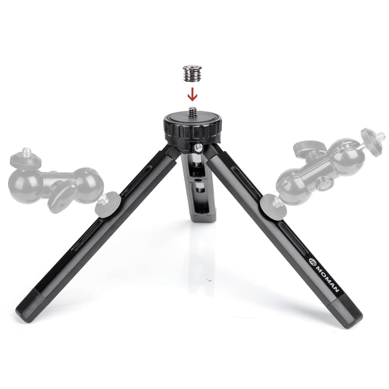  [AUSTRALIA] - Mini Camera Tripod, Moman Tabletop Travel Tripod Desktop TR01 with 1/4 and 3/8 Screw Mount and Function Leg CNC Aluminum Design for Camcorder Gimbal Stabilizers Max Payload of 5Kg, Black Small
