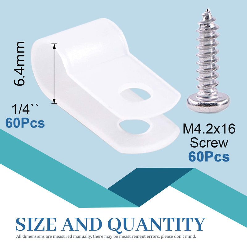  [AUSTRALIA] - Glarks 60Pcs 1/4 Inch White Nylon Screw Mounting R-Type Cable Clip Wire Clamp with 60Pcs Screws for Wire, Cable, Conduit and Cable Conduit Kit (White) 1/4''(6mm)
