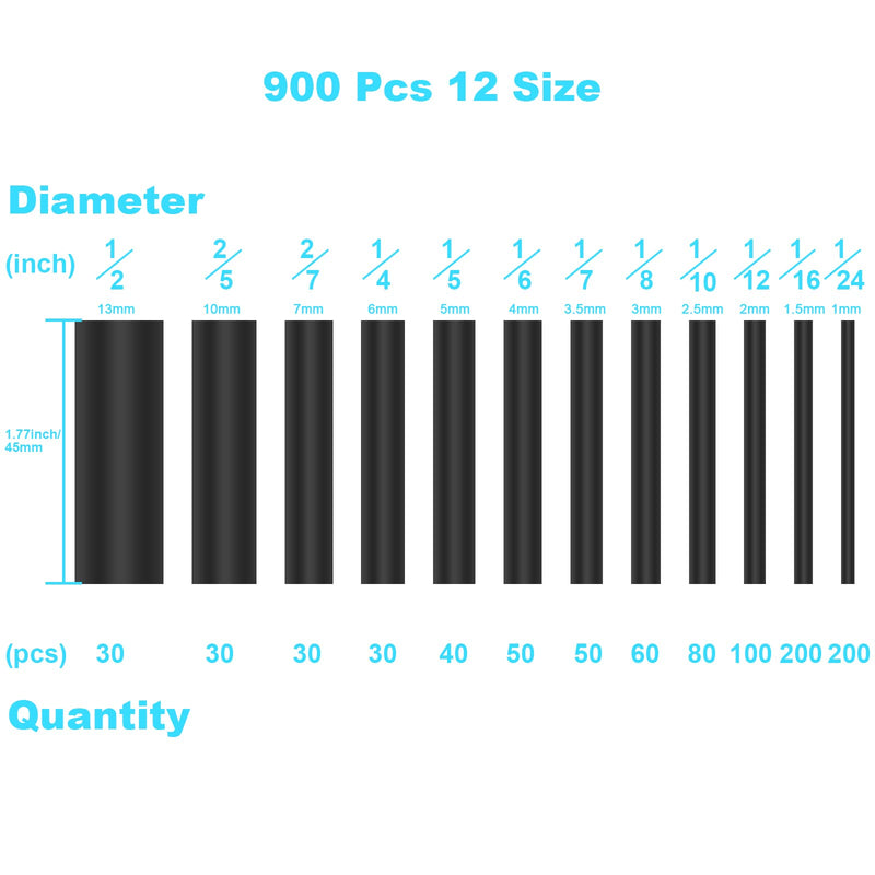  [AUSTRALIA] - 900Pcs Wire Heat Shrink Tubing Kit, Industrial Heat-Shrink Tubing for Wires, 2:1 Marine Grade Heat Shrink Wrap, Premium Large Electrical Waterproof Heat Shrink Tape (Black 12 Sizes) DHOOZ