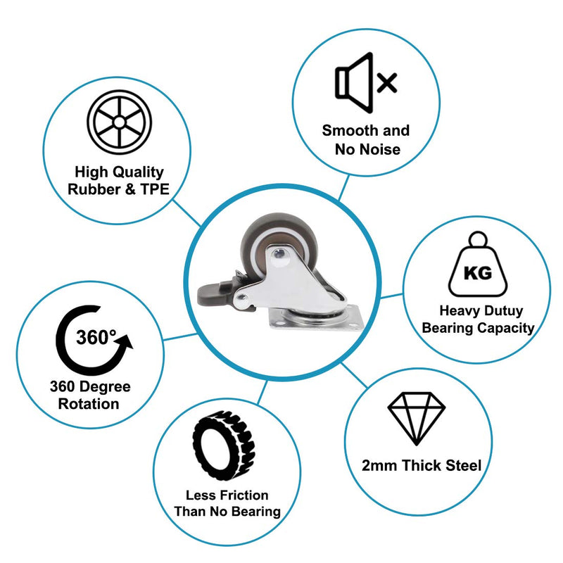  [AUSTRALIA] - Luomorgo 4 Pack 1.25" Caster Wheels Rubber Swivel Heavy Duty Casters with 360 Degree Top Plate, 140 lbs Total Capacity Caster for Set of 4 (2 with Brakes & 2 without)