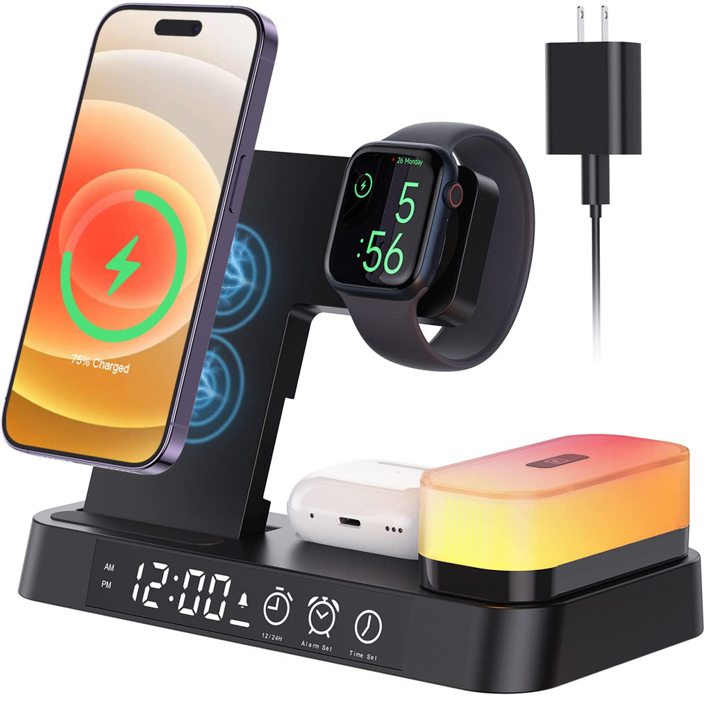 [AUSTRALIA] - Foldable Wireless Charger, 3 in 1 Charging Station Alarm Clock & Night Light for Multiple Devices Apple (with Watch Charger Cable & Adapter) for Samsung iWacth AirPods iPhone 14/13/12/11/Pro, etc