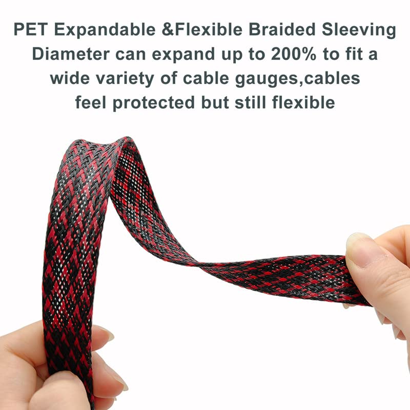  [AUSTRALIA] - 100ft - 3/4 inch Braided Cable Management Sleeve Cord Protector PET Expandable Braided Sleeving-Self-Wrapping Wire Loom for TV/Computer/Home Theater/Engine Bay - Black&Red