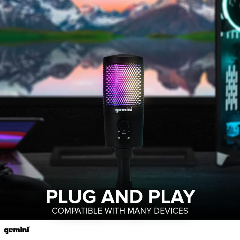  [AUSTRALIA] - Gemini Sound GSM-100 PC Computer USB Condenser Microphone with RGB LED Lights, Headphone Jack, Volume and Background Noise Reduction Controls for Live Streaming, Podcasting, Chat, Gaming, Twitch, Zoom