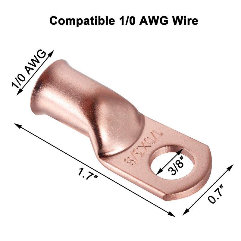  [AUSTRALIA] - 8 Pcs 1/0 AWG x 3/8 Copper Battery Cable Lugs, Heavy Duty Ring Terminals Connectors, UL Listed Bare Eyelets Tubular Ring Battery Lugs for 1/0 Gauge Wire - Battery Cable Ends 1/0 Gauge 3/8