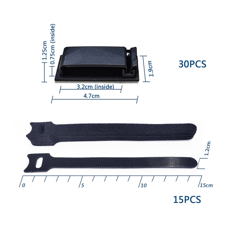  [AUSTRALIA] - Cable Clip Self Adhesive Wire Management Clamp PA66 30pcs Velcro 15pcs Black 30-black