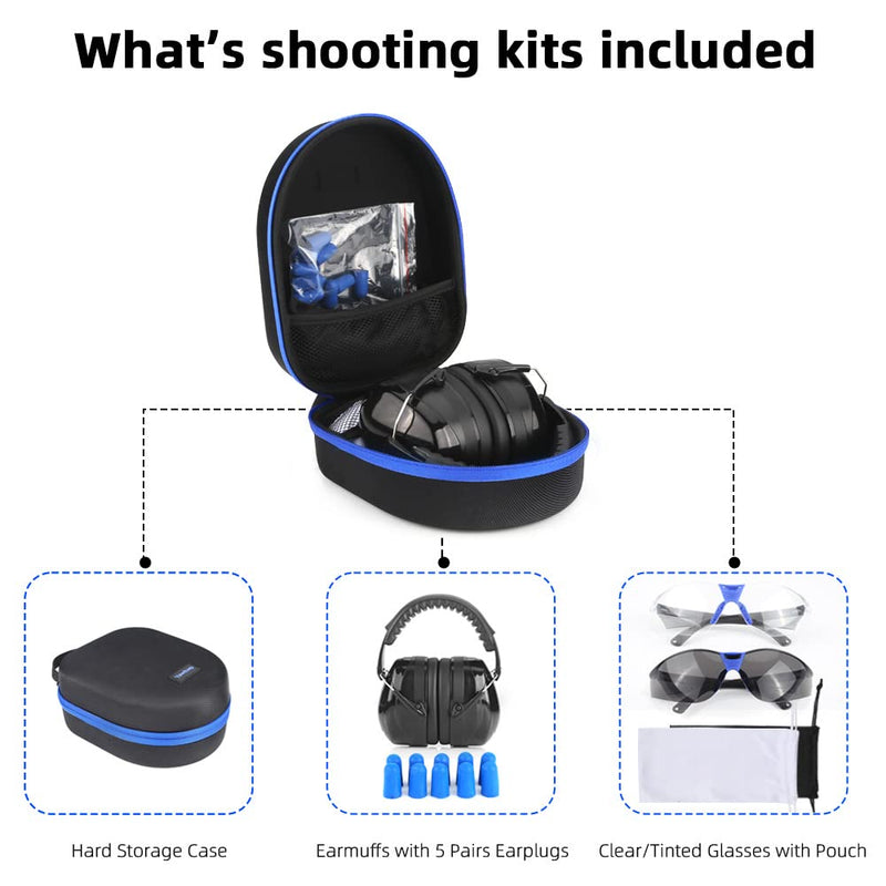  [AUSTRALIA] - Shooting range ear protection including shooting ear protection earmuffs, safety glasses, earplugs, gun glasses, storage case Black-blue