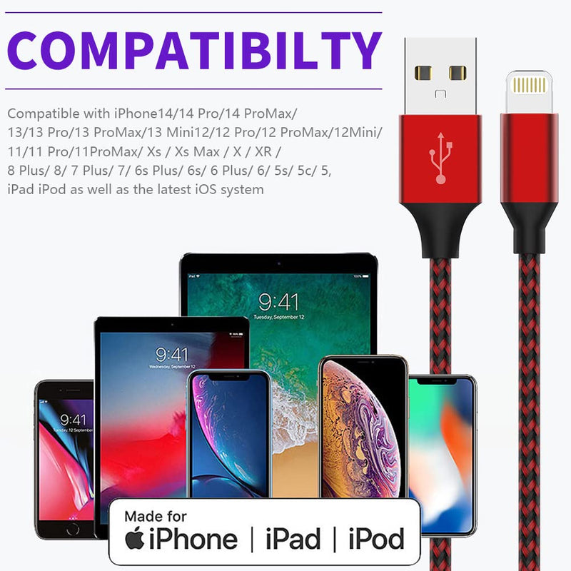  [AUSTRALIA] - 5Pack(3/3/6/6/10 FT)[Apple MFi Certified] iPhone Charger Long Lightning Cable Fast Charging High Speed Data Sync USB Cable Compatible iPhone 14/13/12/11 Pro Max/XS MAX/XR/XS/X/8/7/Plus iPad AirPods Black and Red