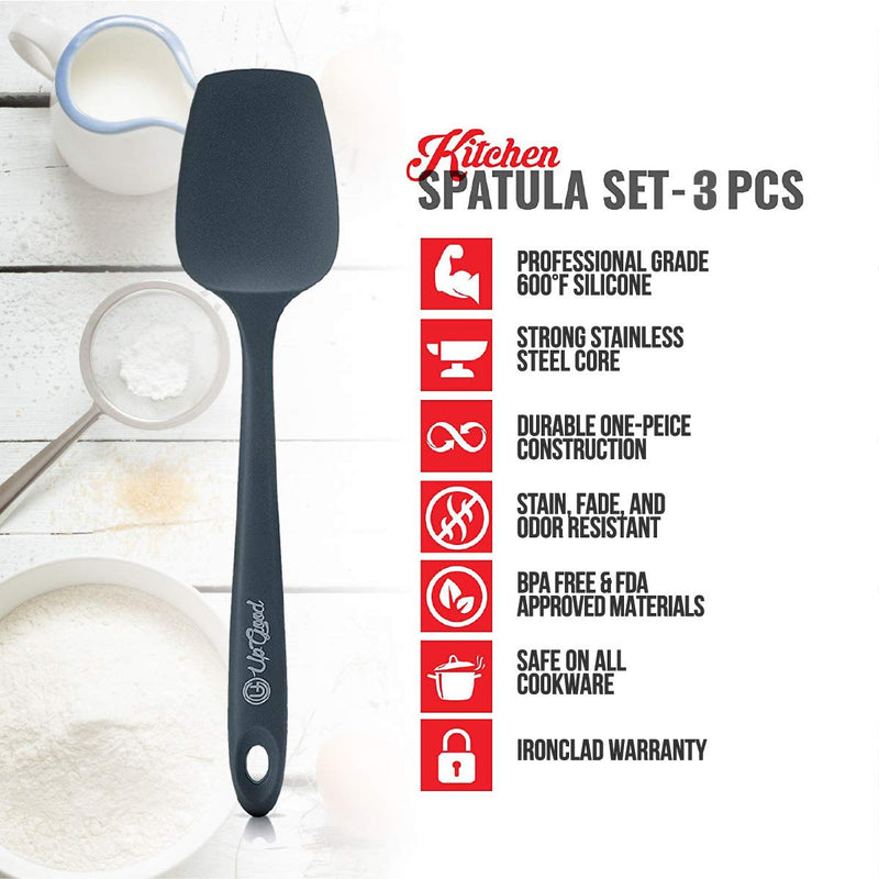  [AUSTRALIA] - Silicone Spatula Set | 3 Versatile Tools Created for Cooking, Baking and Mixing | One Piece Design, Non-Stick & 600F Heat Resistant | Strong Stainless Steel Core (UpGood Kitchen Utensils, Grey) 3 Piece Set Gray