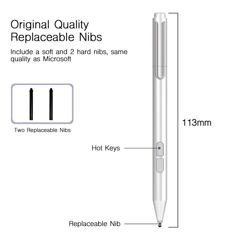 Uogic Pen for Microsoft Surface, Palm Rejection, 1024 Levels Pressure, Flex & Soft HB Nib, for Surface Pro/Go/Laptop/Book/Studio, Including 2 Spare Nibs & AAAA Battery Silver - LeoForward Australia