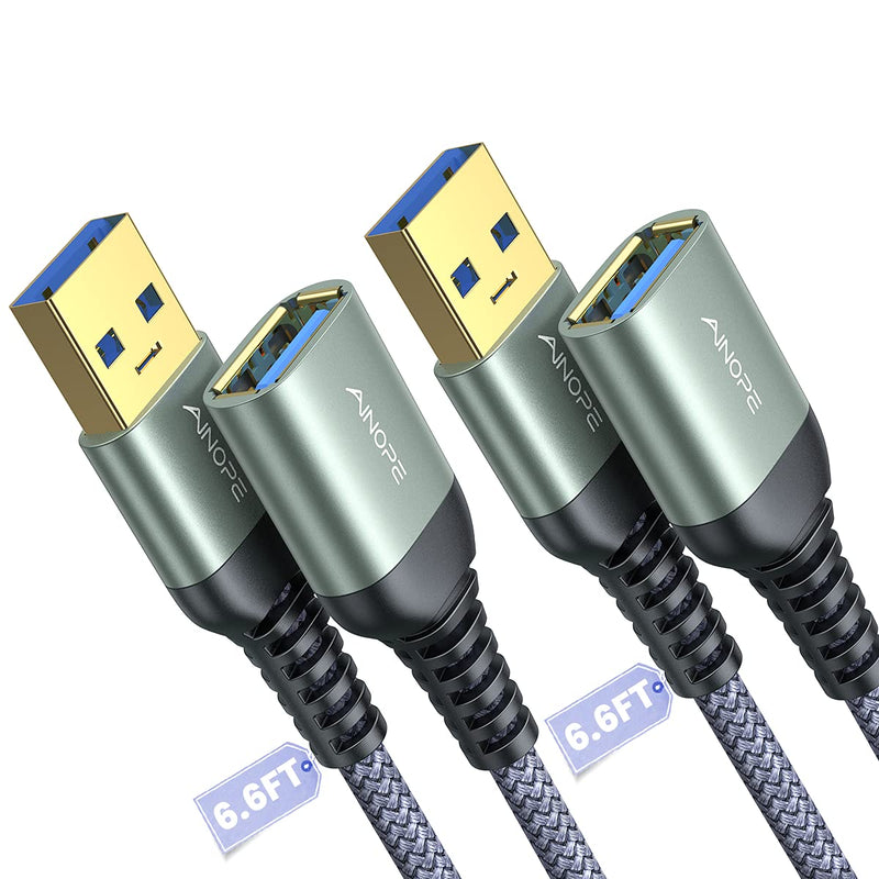  [AUSTRALIA] - 2 PACK 6.6FT+6.6FT AINOPE USB 3.0 Extension Cable Type A Male to Female Extension Cord DURABLE BRAIDED MATERIAL Fast Data Transfer Compatible with USB Keyboard,Mouse,Flash Drive, Hard Drive Grey