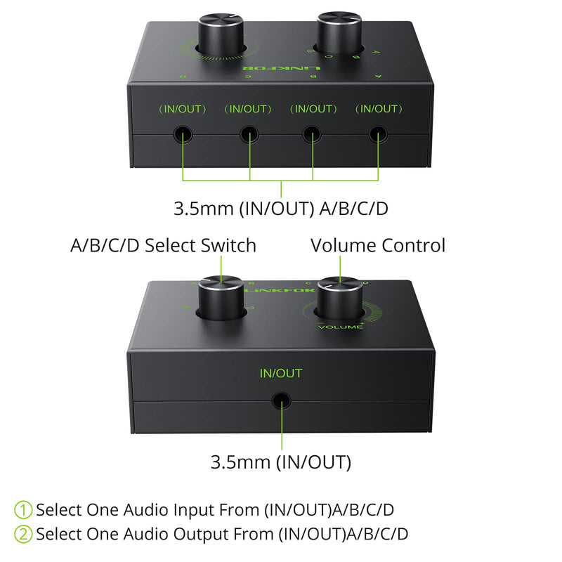  [AUSTRALIA] - 3.5mm Audio Switcher, LiNKFOR 4 Port 3.5mm Stereo Audio Switch, 4 Way Stereo Audio Selector, 4 Input 1 Output / 1 Input 4 Output Audio Splitter with Volume Control and 4 Channel Switch Knob 4 Ports