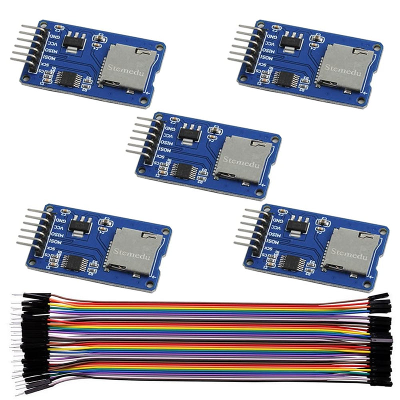  [AUSTRALIA] - Stemedu Micro TF Card Adapter Reader Module SD Card Memory Storage Breakout Board SPI Interface for Arduino Raspberry Pi (Pack of 5PCS), with 40Pcs Female to Male Dupond Cable