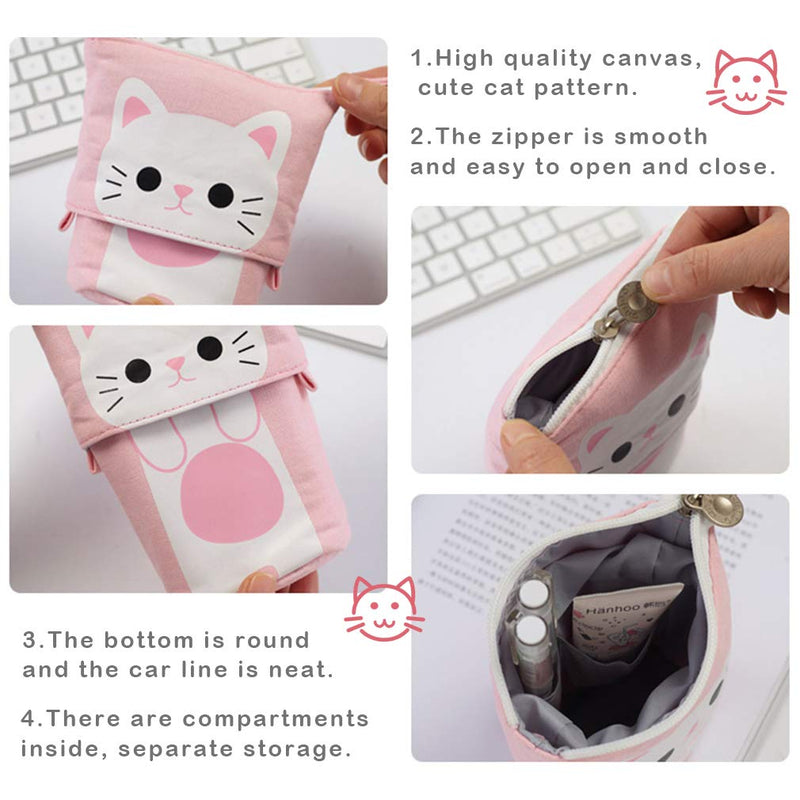 iSuperb Transformer Stand Store Pencil Holder Canvas+PU Cartoon Cute Cat Telescopic Pencil Pouch Bag Stationery Pen Case Box with Zipper Closure 7.5 x 4.9 x 3.0inch/4.1x 3.0inch Pink - LeoForward Australia