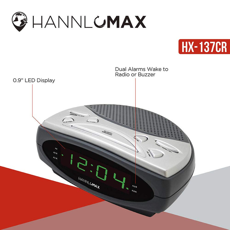 HANNLOMAX HX-137CR Alarm Clock Radio, PLL AM/FM Radio, Dual Alarm, 0.9" Green LED Display (Gray) - LeoForward Australia