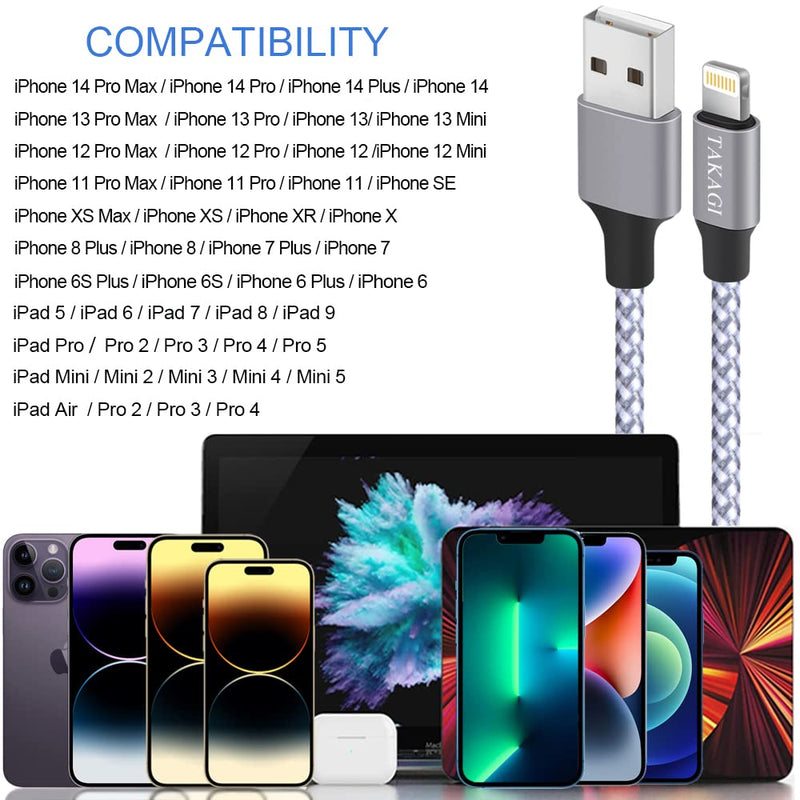  [AUSTRALIA] - iPhone Charger, TAKAGI Lightning Cable 3PACK 6FT Nylon Braided USB Charging Cable High Speed Data Sync Transfer Cord Compatible with iPhone 14/13/12/11 Pro Max/XS MAX/XR/XS/X/8/7/Plus/6S/6/SE/5S/iPad white, grey