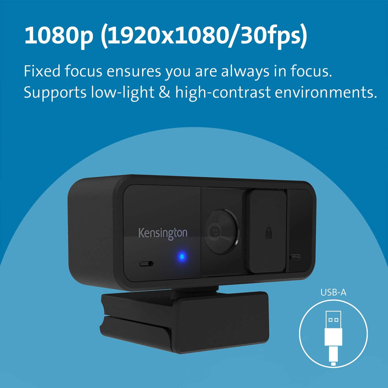  [AUSTRALIA] - Kensington W1050 1080p Fixed Focus Wide Angle Webcam for Video Conference, Dual Stereo Mic, Software Control, Privacy Cover, Works with Microsoft Teams, Google Meet, Zoom and More (K80250WW) Black