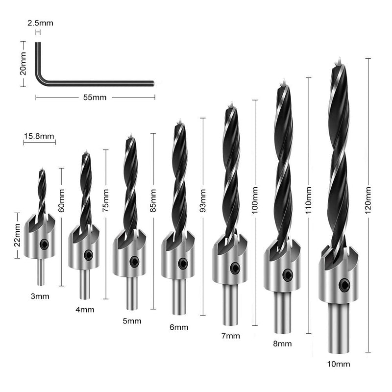  [AUSTRALIA] - COMOWARE Countersink Drill Bits Set- 7Pcs Counter Sink Bit for Wood High Speed Steel, Woodworking Carpentry Reamer with 1 Free Hex Key Wrench 8 Pcs