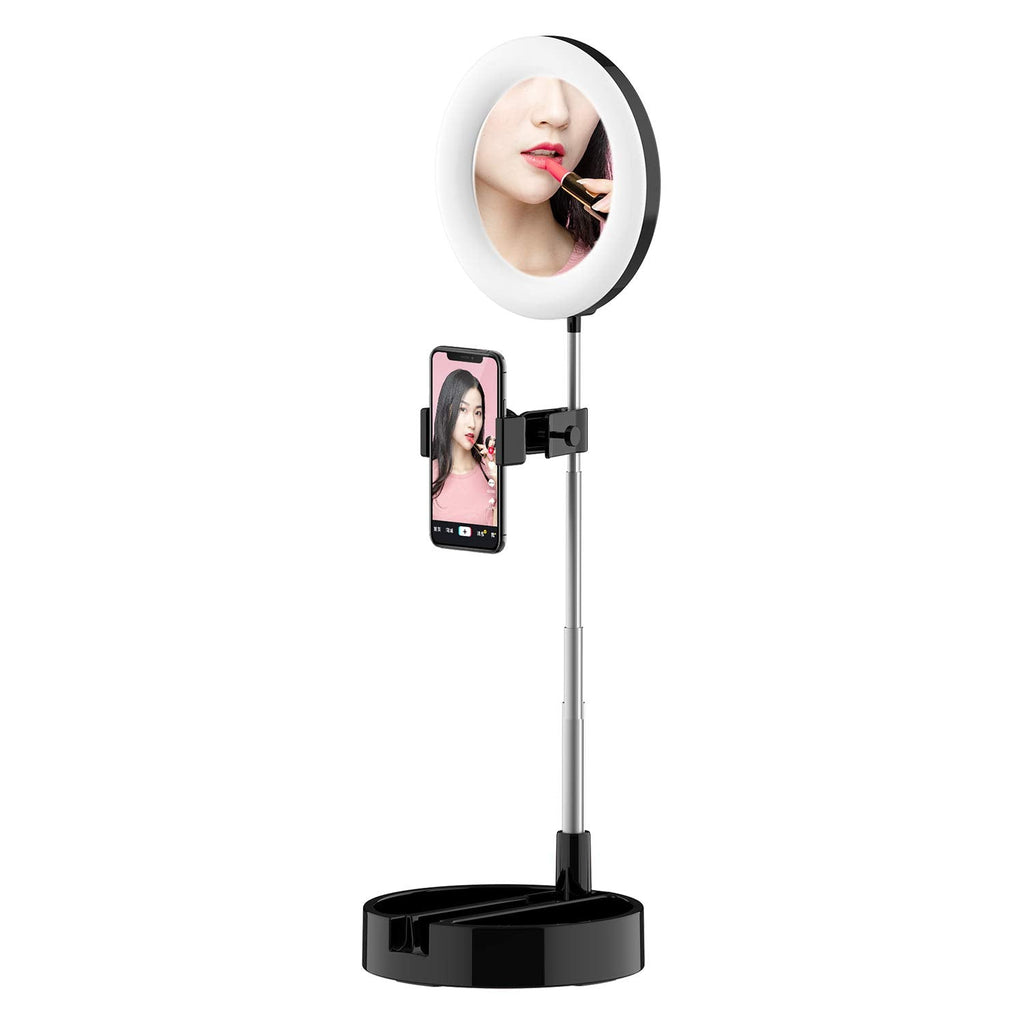  [AUSTRALIA] - 7“ Mini Led Fill-in Light for Make up Live Stream selfi Ring Light with Mirror and Phone Holder for YouTube Video (Black) Black