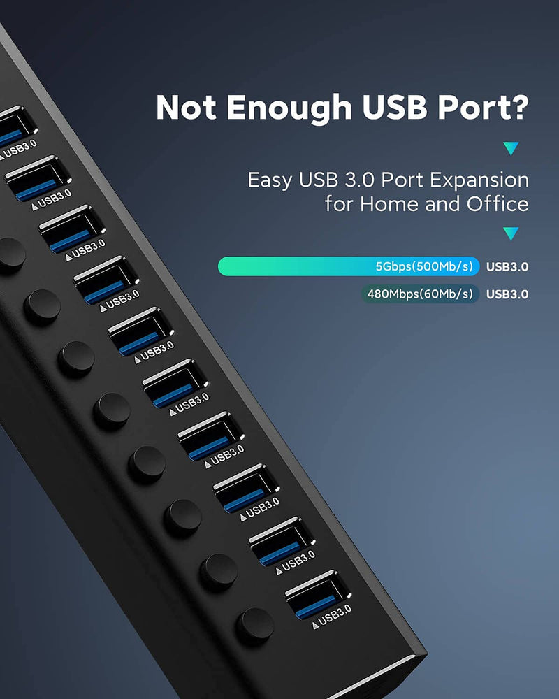 Powered USB Hub, Rosonway Aluminum 10 Port USB 3.0 Data Hub with 36W (12V/3A) Power Adapter and Individual On/Off Switches USB Splitter(RSH-A10) - LeoForward Australia