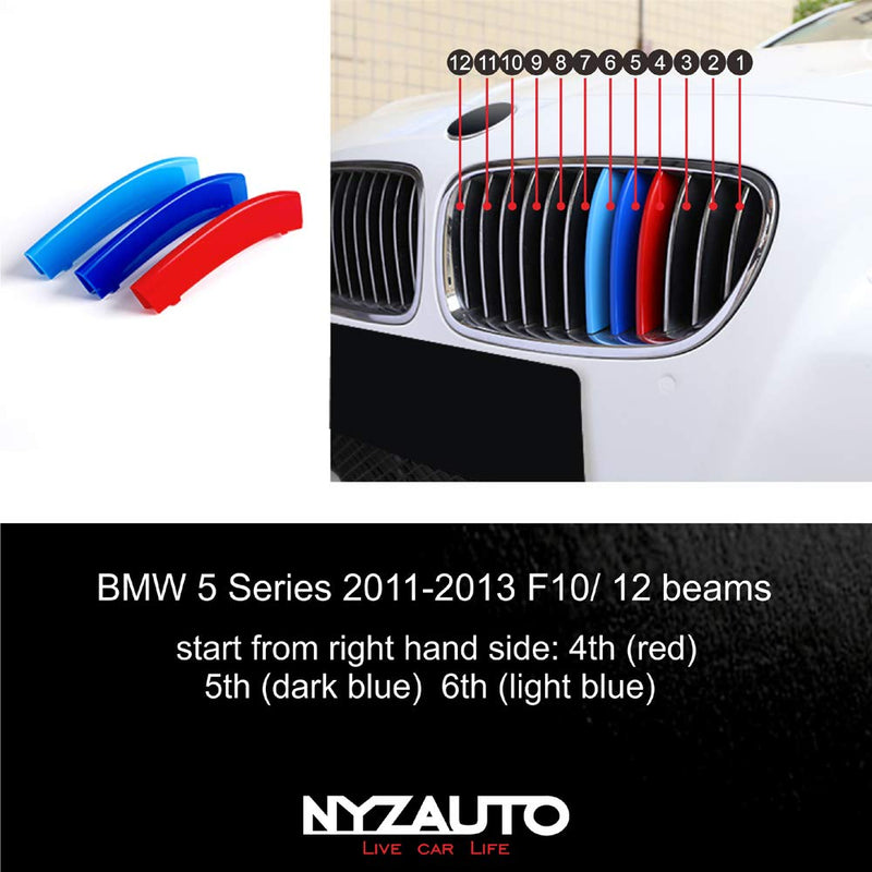 NYZAUTO M-Colored Stripe Grille Insert Trims Compatible with 2011-2013 BMW F10 5 Series 528i 535i 550i Kidney Grills (12 Beams,Not Fit 10-Beam) 11-13 F10 F11 5 Series 12-Beam Grill M-Per - LeoForward Australia