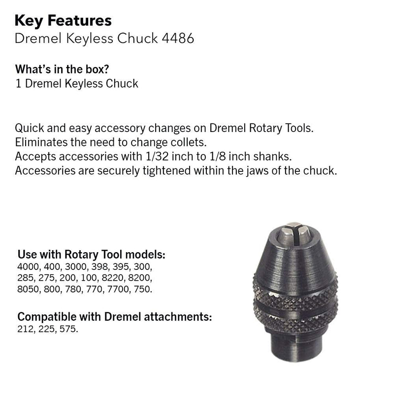  [AUSTRALIA] - Dremel 4486 Keyless Chuck, ideal for 1/32” (0.8mm) to 1/8” (3.2mm) Shank Rotary Tool Accessories , Silver