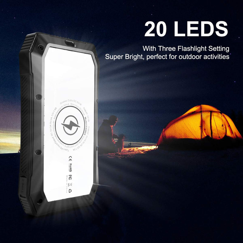 ABFOCE Solar Power Bank,20000mAh Solar Wireless Charger with 44 LEDs and Type c 18w Fast Charge Portable Waterproof Phone Charger for Camping Outdoor-Black - LeoForward Australia