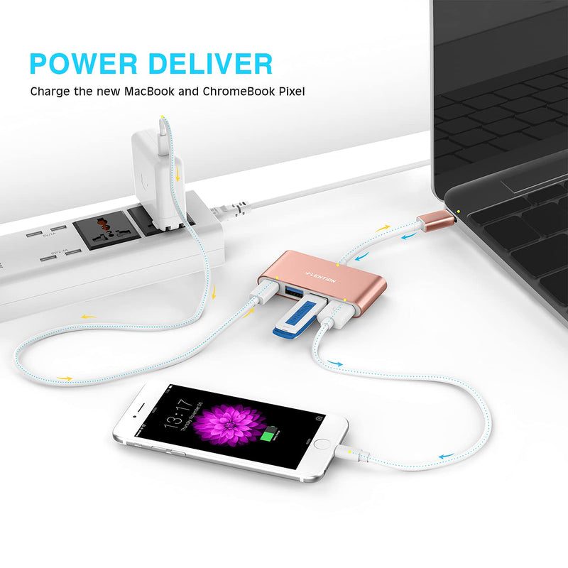  [AUSTRALIA] - LENTION 4-in-1 USB-C Hub with 3 USB 3.0 and Type C Power Delivery Compatible 2021-2016 MacBook Pro 13/15/16, New Mac Air/Surface, ChromeBook, More, Multiport Charging Adapter (CB-C13se, Rose Gold)