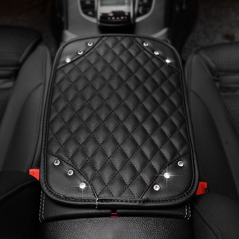 Forala Auto Center Console Pad PU Leather Car Armrest Seat Box Cover Protector Universal Fit (C-Black-Rhinestone) C-Black-Rhinestone - LeoForward Australia