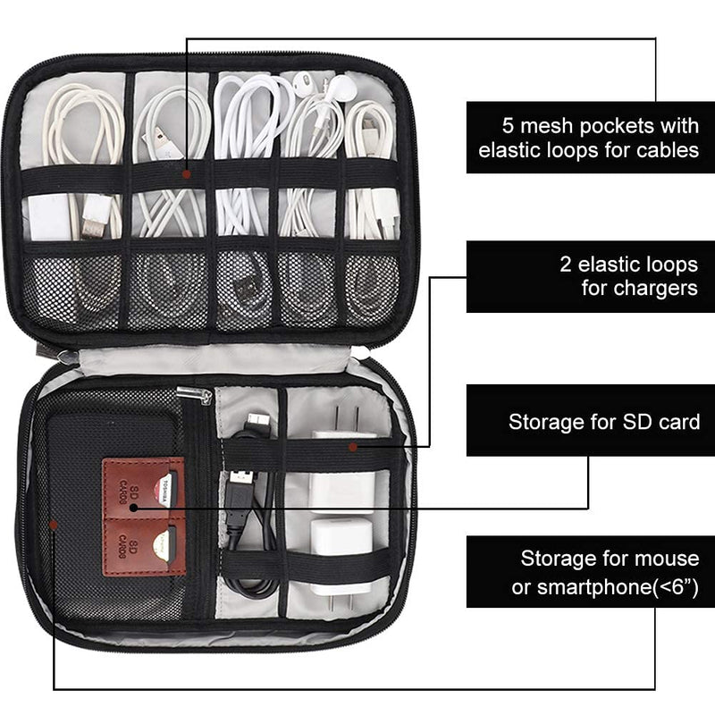  [AUSTRALIA] - Cable Organizer Bag,Travel Electronic Organizers Bag Waterproof Tech Organizer Bag Portable Cord Storage Pouch for Cable, Charger, Phone, USB, SD Card,with 6pcs Leather Cable Ties (Black) Black