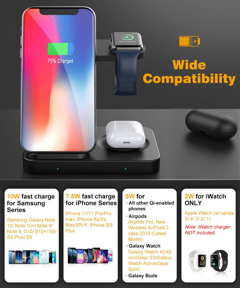  [AUSTRALIA] - MoKo 3 in 1 Wireless Charger Stand, 10W Fast Charging Dock Station Compatible Galaxy Watch 3/Active 2/1/Buds, iPhone 14/13/12 Pro Max 11 Pro/SE Apple Watch SE/6/5/4/3/Airpods 2/Pro(QC3.0 Adapter)