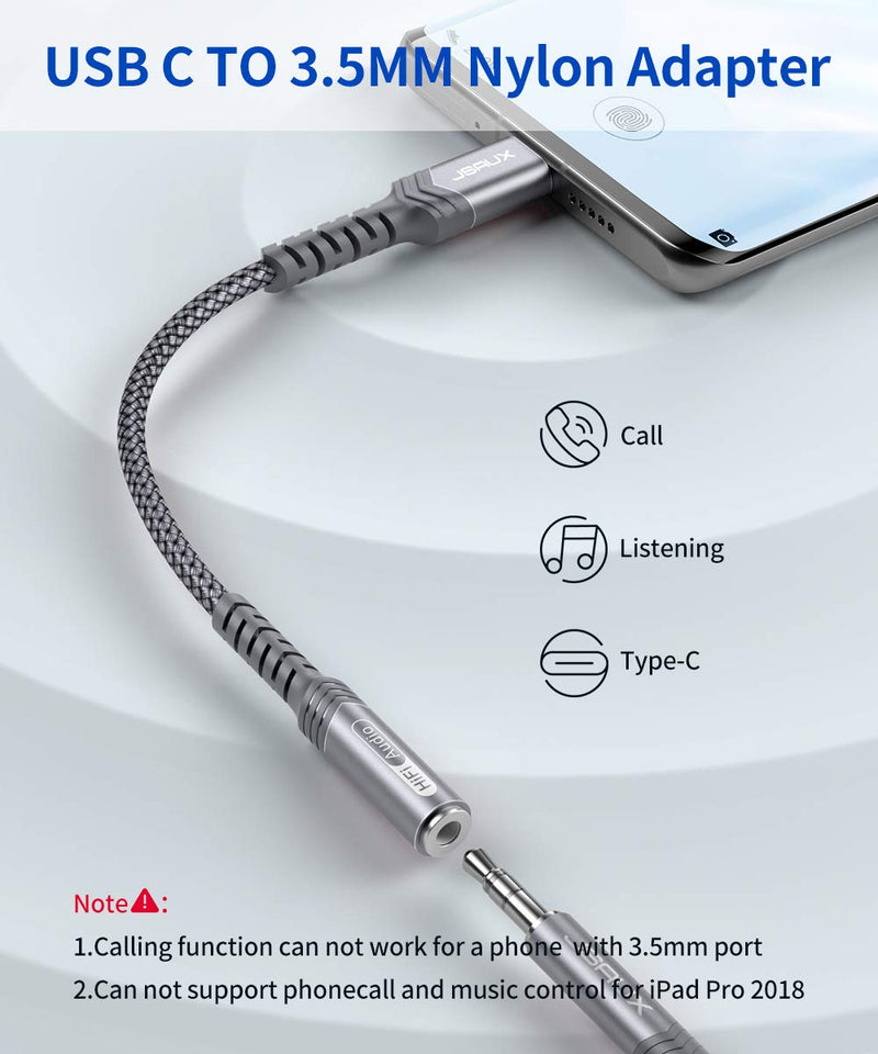 [AUSTRALIA] - USB Type C to 3.5mm Female Headphone Jack Adapter, JSAUX USB C to Aux Audio Dongle Cable Cord Compatible with Pixel 4 3 2 XL, Samsung Galaxy S21 S20 Ultra S20+ Note 20 10 S10 S9 Plus iPad Pro(Grey) 0.6ft Grey