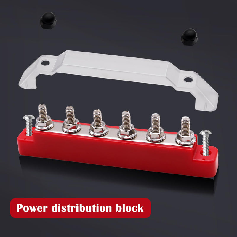  [AUSTRALIA] - Aienxn Battery Bus Bar 6 x 1/4" (M6) Terminal Studs 12V Power Distribution Block with Cover and Ring Terminals, Max 300V AC 48V DC Positive & Negative Battery for Car and Boat (Black+Red) Q-O-078