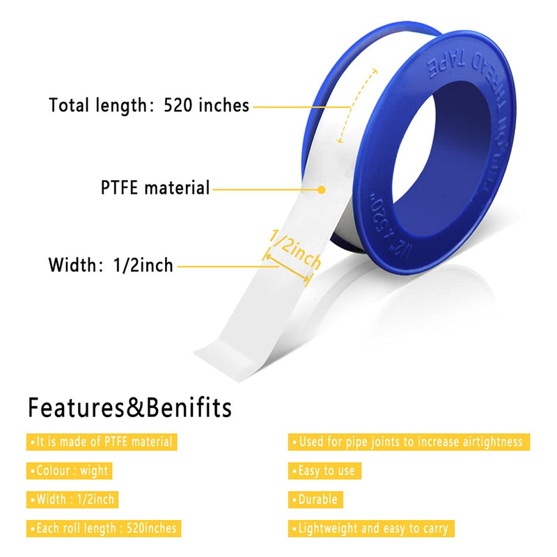  [AUSTRALIA] - 8 Rolls 1/2 Inch(W) X 520 Inches(L) Teflon Tape,for Plumbers Tape,PTFE Tape,Sealing Tape,Plumbing Tape,Sealant Tape,Thread Seal Tape,Plumber Tape for Shower Head,Water Pipe Sealing Tape,White