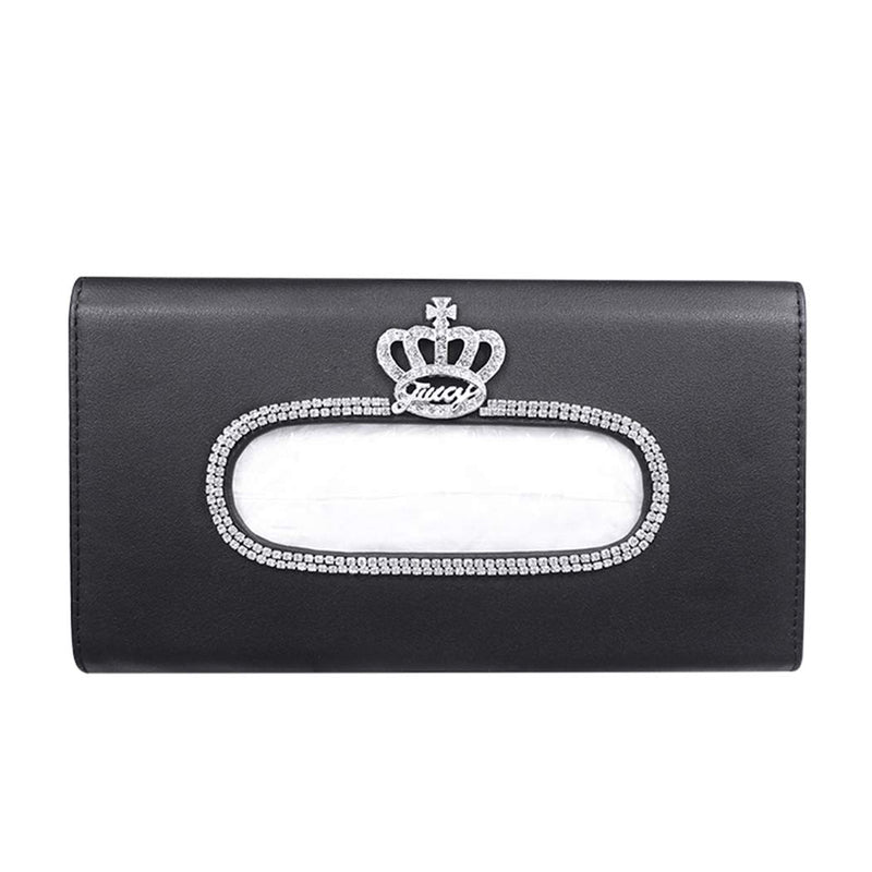  [AUSTRALIA] - Forala Crown Crystal Auto Sun Visor Tissue Box Holder PU Leather Bling Bling Car Interior Accessories Paper Towel Storage Bag (Full Bling-Beige) (Black)