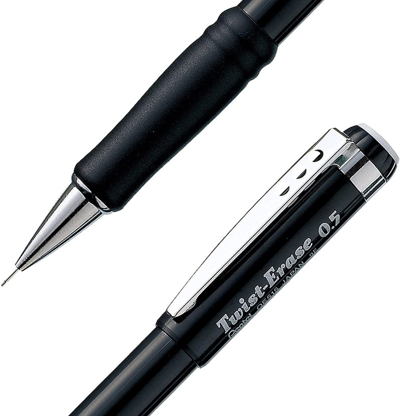  [AUSTRALIA] - Pentel Mechanical Pencil 0.5 mm Twist Erase III - Twist Up Eraser - Pre-Loaded with Pentel Super Hi-Polymer HB Lead - Black Barrel - 3-Pack - Fine Point