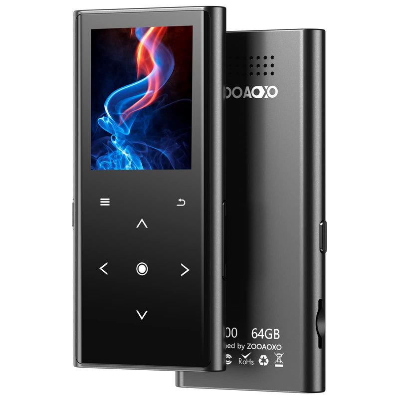  [AUSTRALIA] - 64GB MP3 Player, ZOOAOXO Music Player with Bluetooth 5.2, Built-in HD Speaker, FM Radio, Voice Recorder, Mini Design, Weigh 2.4 oz, HiFi Sound, Ideal for Sport, Earphones Included 64GB