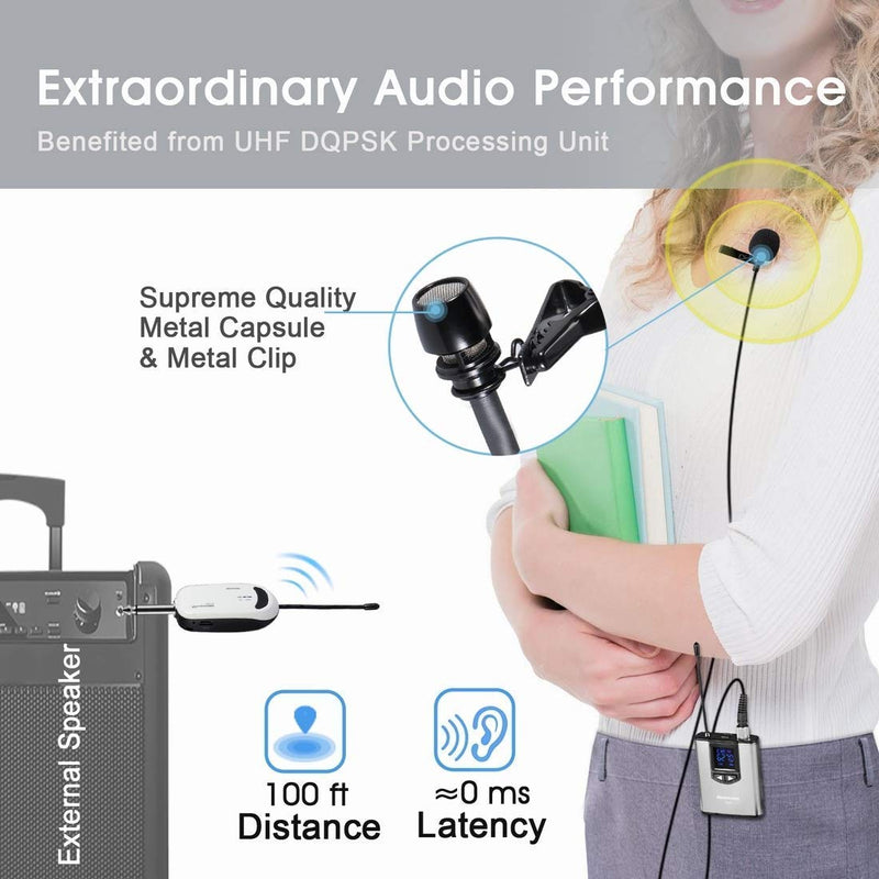  [AUSTRALIA] - Wireless Headset Lavalier Microphone System -Alvoxcon Wireless Lapel Mic Best for IPhone, DSLR Camera, PA Speaker, Youtube, Podcast, Video Recording, Conference, Vlogging, Church, Interview, Teaching Single Mic Silver