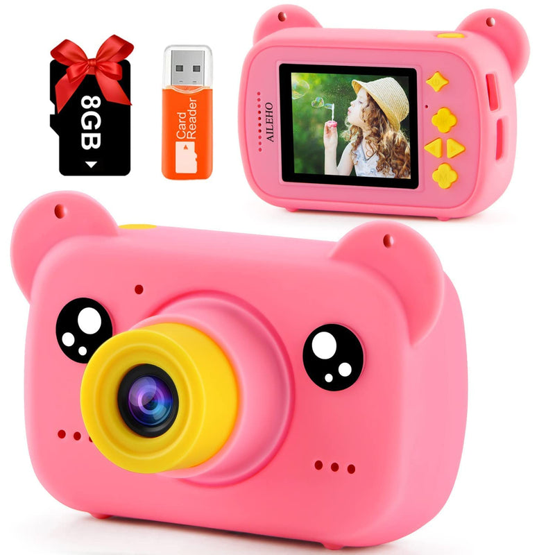  [AUSTRALIA] - AILEHO Kids Camera Pink - Digital Children Cameras for Girls Cartoon Bear 8M 1080P Video Camera Toddler Girls Toys Christmas Birthday Gifts for Girls Age 3 4 5 6 7 8 with 8G Card LCD Screen 2" Mini bear pink