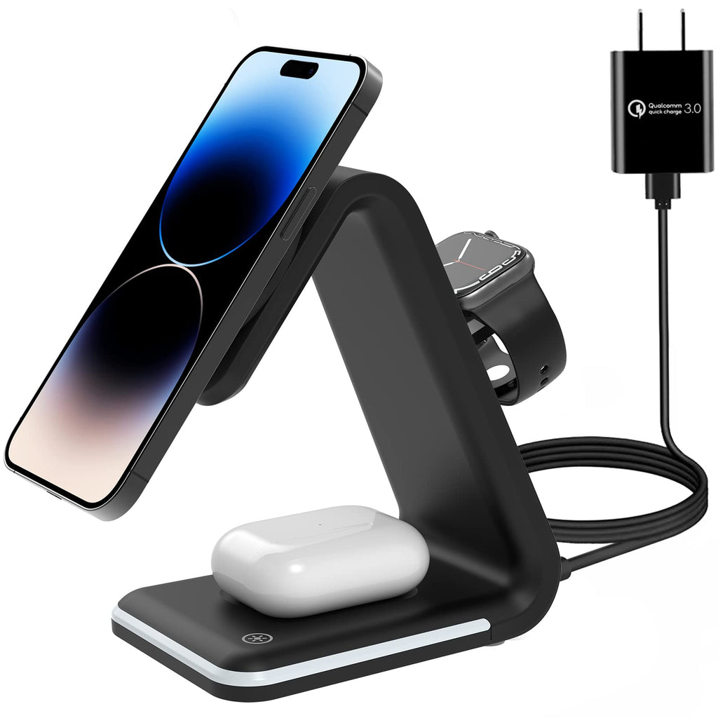  [AUSTRALIA] - Magnetic Wireless Charger,HATALKIN 3 in 1 Wireless Charging Station for Multi Devices Apple Products 15W Fast MagSafe Charger Stand for iPhone 14 13 Pro Max Mini iWatch 8 Ultra SE 7 6 5/4/3/2 AirPods Black
