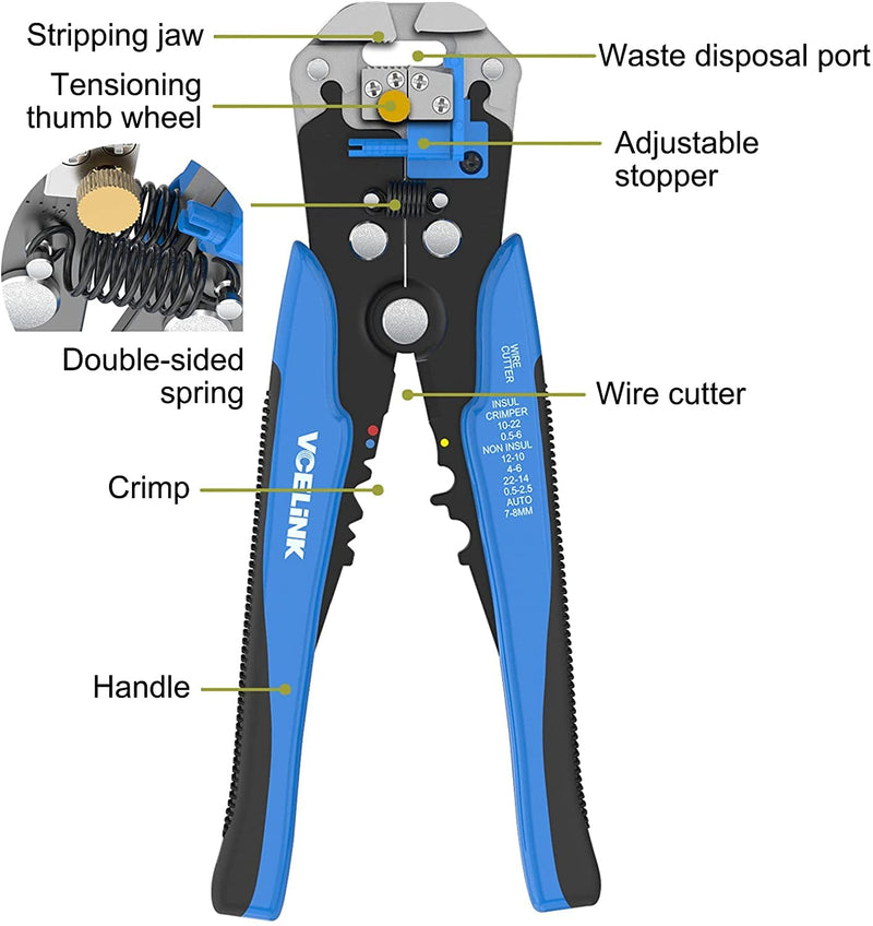  [AUSTRALIA] - VCELINK Automatic Wire Stripper Tool, Self Adjusting Wire Cutter Crimper Pliers for 24–10 AWG Electrical Wire Stripping, Cutting and Crimping (Blue) 8-Inch