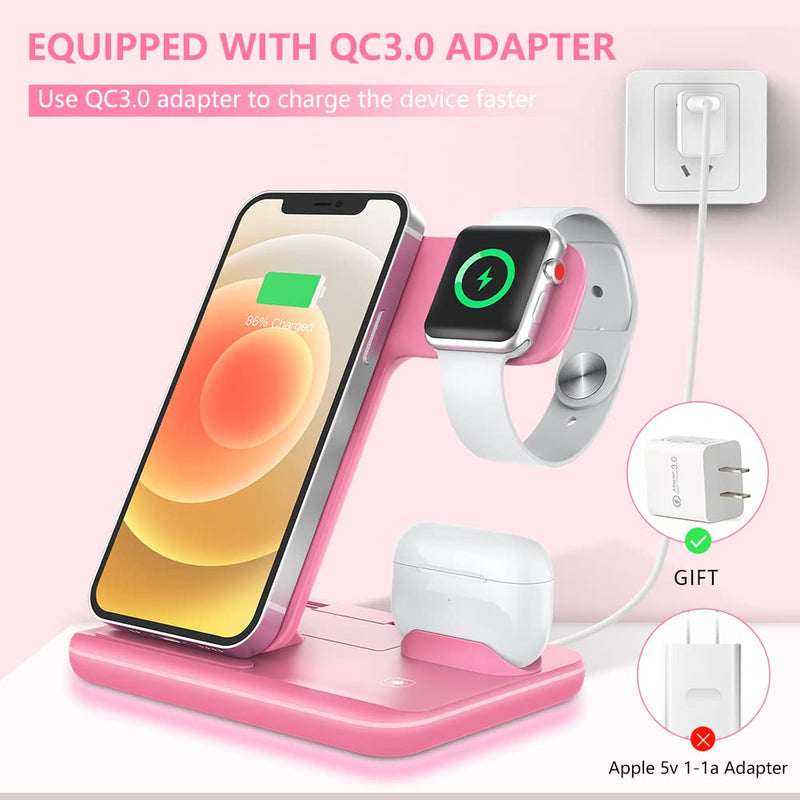  [AUSTRALIA] - WAITIEE Wireless Charger 3 in 1, 15W Fast Charging Station for Apple iWatch SE/6/5/4/3/2/1,AirPods Pro, Compatible with iPhone 12/12 Pro Max/11 Series/XS Max/XR/XS/X/8/8 Plus/Samsung Galaxy (Pink) Pink