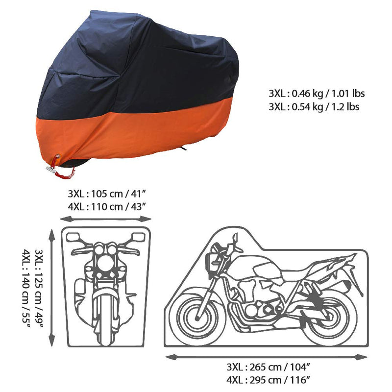  [AUSTRALIA] - Acelane Motorcycle Cover, All Season Waterproof Outdoor Dustproof Durable Vehicle Cover with Lock Holes Fits up to 116 inches for Harley Davidson, Honda, Suzuki,Yamaha and More Black&Orange 4XL/116''