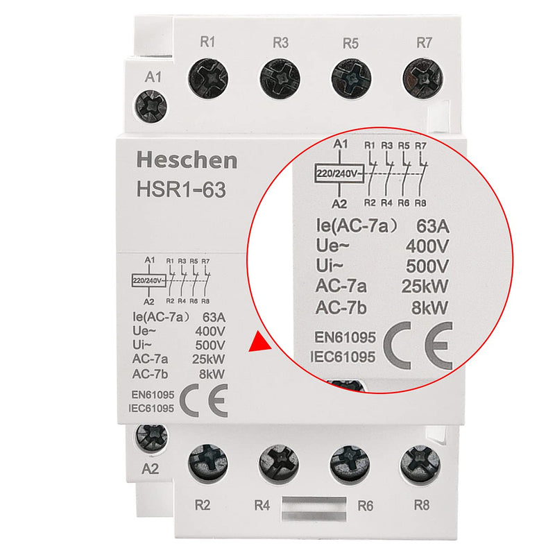  [AUSTRALIA] - Heschen Household AC Contactor HSR1-63 4 Pin Four Normally Closed AC 220V/240V Coil Voltage 35mm DIN Rail Mounting