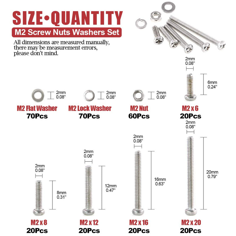  [AUSTRALIA] - Hilitchi 300-Piece M2 Phillips Pan Head Screws Bolt Nut Lock Flat Washers Assortment Kit, 304 Stainless Steel