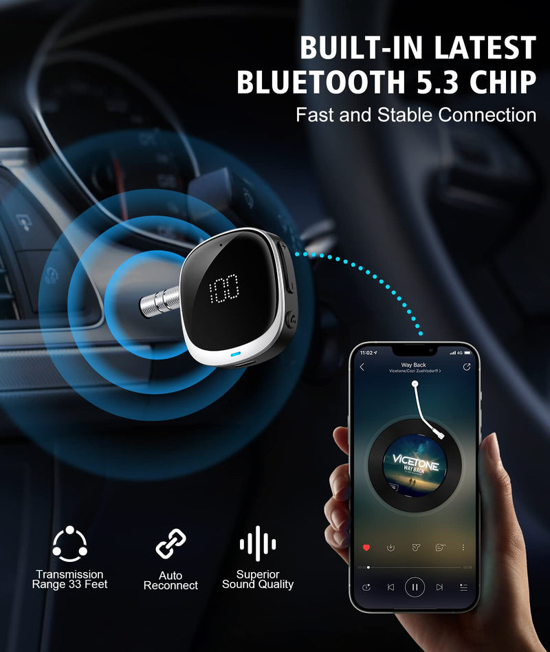 [AUSTRALIA] - BCADON Bluetooth AUX Adapter for Car, Noise Cancelling Bluetooth 5.3 Receiver with LED Screen, Bluetooth Car Adapter for Home Stereo/Wired Headphones/Speaker, Dual Connection, Built-in HiFi Microphone Silver