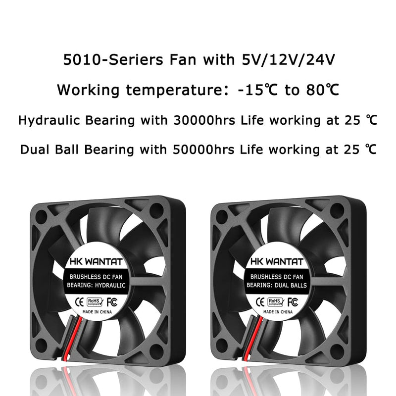  [AUSTRALIA] - 3Pcs HKWANTAT Dual Ball Bearings Brushless DC Cooling 50mm Fan 12v 5010 50x50x10mm 2-Pin Fan-12V-Ball